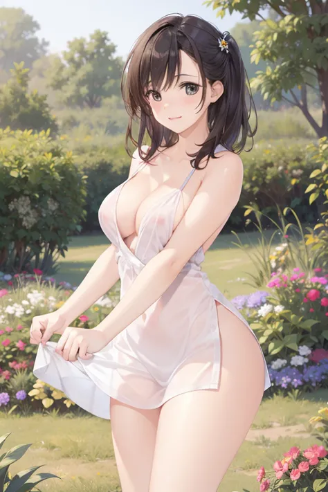 1girl, ojos verdes, Brown hair, Pelo RIZADO, Pechos grandes, obra maestra, mejor calidad, high resolution, Hermosos ojos detallados, cara extremadamente detallada, buena iluminacion, CG detallado, pelo despeinado, garden, sonrisa ligera, vestido de novia, ...