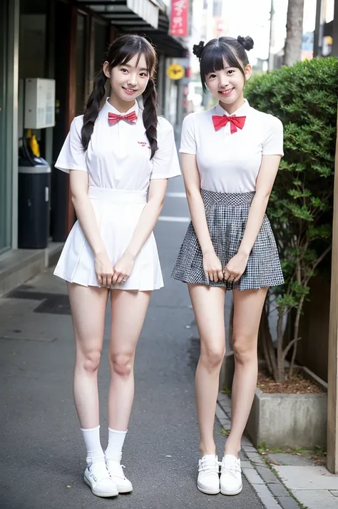 2 girls standing in Japanese city,short-sleeved white leotard white collar and plaid bow tie,school bags,18-year-old,bangs,a little smile,large bare thighs,knees,legs apart,short hair with low pigtails,from before,front light