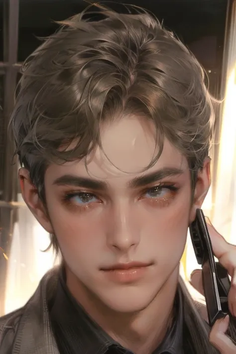 masterpiece, best quality, realistic, 1man, mature male, quiet and charming young man, 25 years old, close his eyes, serious look, extremely detailed face, ((dark grey eyes)), ((short-right-swept dark brown hair)), [thick eyebrows], detective, at the crime...