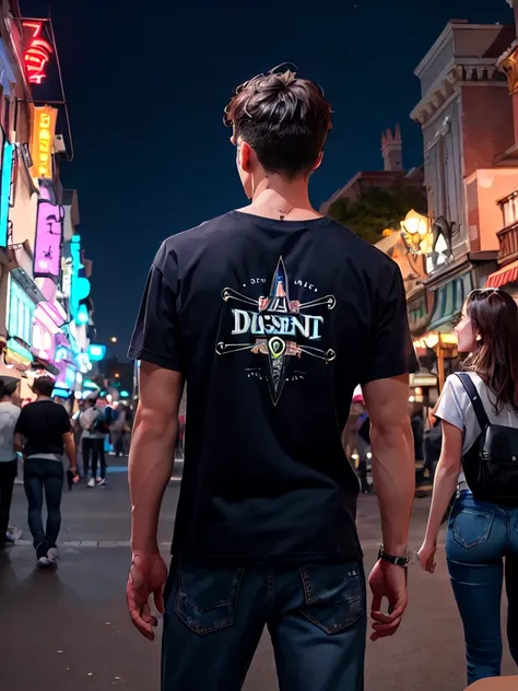 8K quality、Highest quality、Realistic, Image of a male and female couple、Disneyland in the background、Angle from behind、The neon lights are beautiful、Arms crossed、Stylish clothes、The man has fluorescent writing on the back of his clothes.、Letter N printed o...