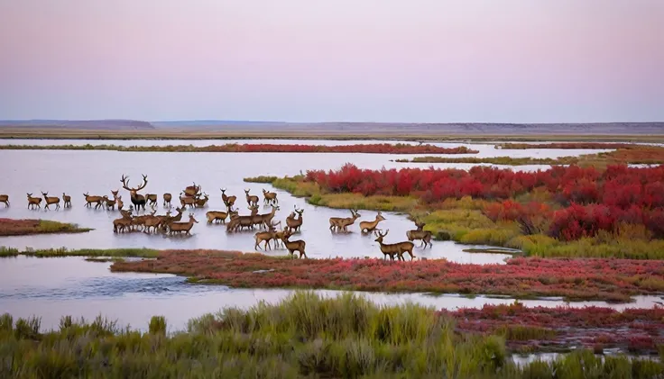 Sunset，Golden，Swans flying in the sky，herd of Elk walking across a river in a swampy area, Nature documentary stills, Nature documentary stills, wild animals photo, swampes, swamp, wild animals, Elk, Colorful scene, wyoming, Award-winning color photos, Pan...