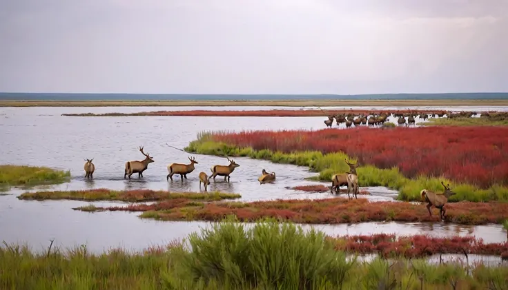 Sunset，Golden，Swans flying in the sky，herd of Elk walking across a river in a swampy area, Nature documentary stills, Nature documentary stills, wild animals photo, swampes, swamp, wild animals, Elk, Colorful scene, wyoming, Award-winning color photos, Pan...