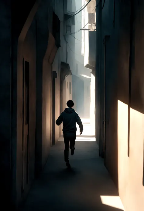 "A thin man with short black hair, wearing a hoodie, running backwards through a dark alley, minimalist character, 8k resolution, high definition, photorealistic, cinematic lighting, melancholic atmosphere, dramatic shadows, muted color palette."






