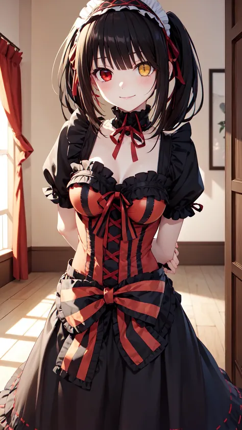 masterpiece, The best quality、street、Put your arms behind your back、Black Hair, Long twin tails bunches, (Yellow eyes:1.2), Heterochromia iridum, (Red Eyes:1.2),Tokisaki Kurumi、Smile,Gothic Lolita Clothing Accessories、victorian maid tiara、Black Ribbon、Shut...