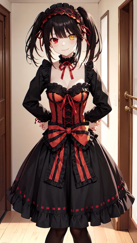 masterpiece, The best quality、street、Put your arms behind your back、Black Hair, Long twin tails bunches, (Yellow eyes:1.2), Heterochromia iridum, (Red Eyes:1.2),Tokisaki Kurumi、Smile,Gothic Lolita Clothing Accessories、victorian maid tiara、Black Ribbon、Shut...