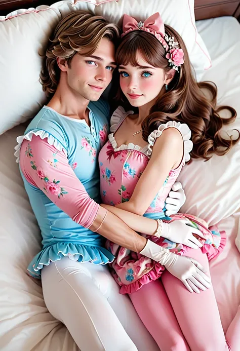 (Style-Princess) (1 man, 1 catgirl) (hetero, couple) (crossdressing, fully clothed) (brown hair, blue eyes) (portrait) (womens clothes only) (womens beautifully feminine skintight velvet floral print frilly girly pink adorable ballet leotards) (white opaqu...