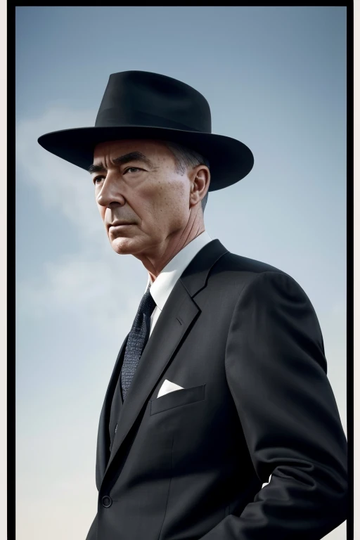 1 man in black suit, Robert Oppenheimer, standing straight, serious expression, deep gaze, cinematic lighting, dramatic shadows, muted color palette, oil painting, photorealistic, highly detailed, cinematic composition, (best quality,8k,highres,masterpiece...