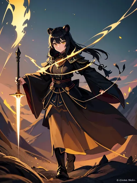 Black Bear，Apparition，Iron helmet wax light，Black gold armor shines brilliantly。Black silk robe with windproof sleeves，Black green silk ribbon with long tassel。Holding a black tasseled spear，A pair of black leather boots。The golden eyes are like lightning，...