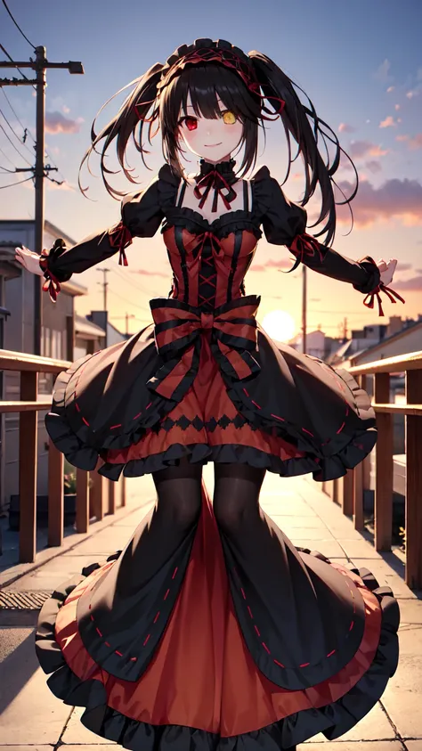 masterpiece, The best quality、street、Put your arms behind your back、Black Hair, Long twin tails bunches, (Yellow eyes:1.2), Heterochromia iridum, (Red Eyes:1.2),Tokisaki Kurumi、Smile,Gothic Lolita Clothing Accessories、victorian maid tiara、Black Ribbon、Shut...