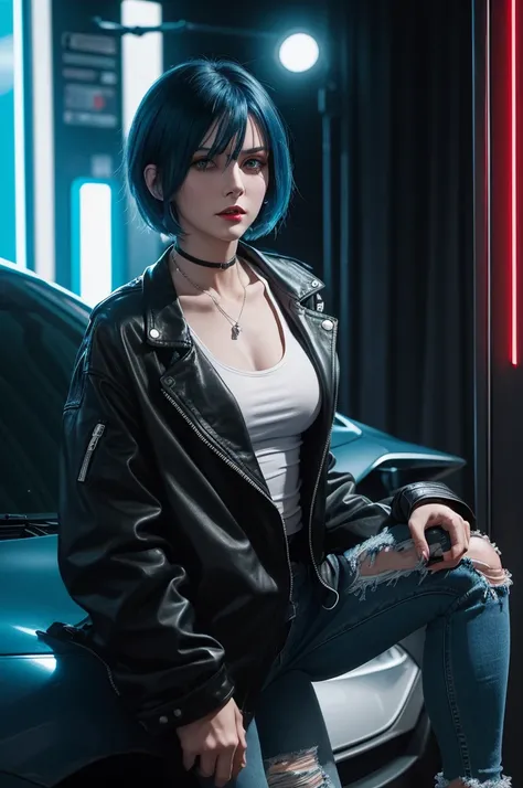 Caucasian woman short straight blue hair green eyes tall beautiful mouth wearing black jeans black t-shirt red jacket discreet silver jewelry cyberpunk setting with a black car big wheels and discreet blue lights 