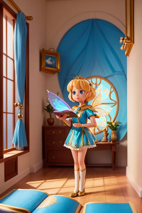 there is a  with golden hair with beautiful big blue eyes with white sparkles, she is in her room, holding a book with a golden cover in her hand, she is standing in the fantasy world and ((in front of her is a fairy who speaks to her)), next to her there ...