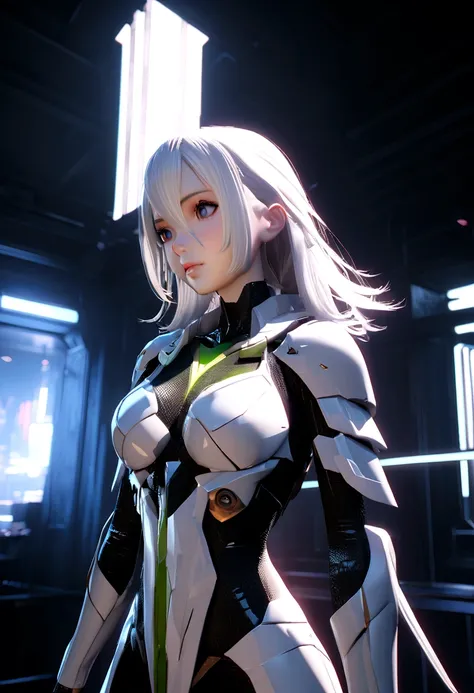 ((Best quality)), ((masterpiece)), (detail:1.4), 3D, Beautiful cyberpunk female character，Wearing black and white high-tech armor，chest,White hair，Loose hair，Slim body，Perfect proportion，Human Development Report（High Dynamic Range）,Ray Tracing,NVIDIA RTX,S...