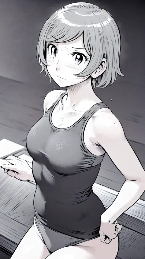 Grey sports bra、Grey panties、(masterpiece、Highest quality)、Highest quality, Ultra-high resolution, (((masterpiece))), alone, Sweat、Big eyes, Composition from the front、（Close-up of a person）、(Manga Style:1.1)、Shortcuts、Embarrassed face、Blonde Hair、Short ba...