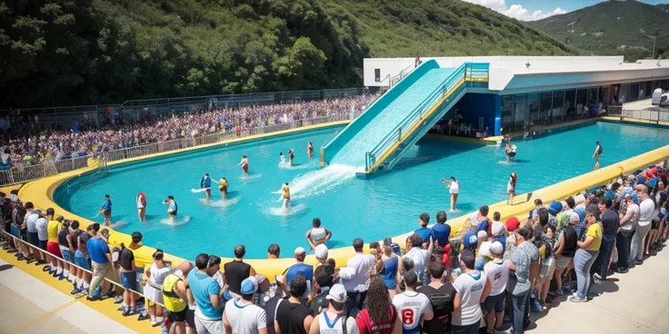 Water slide: A tall and colorful slide, com curvas e voltas, that flows into a pool. The slide must be visually appealing and look exciting.
Fila de Pessoas: People of different ages and appearances lined up in an orderly queue, waiting for your turn to go...