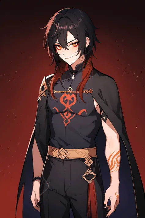 anime character with red and black hair and cape on, keqing from genshin impact, handsome guy in demon slayer art, zhongli from genshin impact, genshin impact character, genshin, handsome japanese demon boy, inspired by Okumura Masanobu, demon slayer rui f...