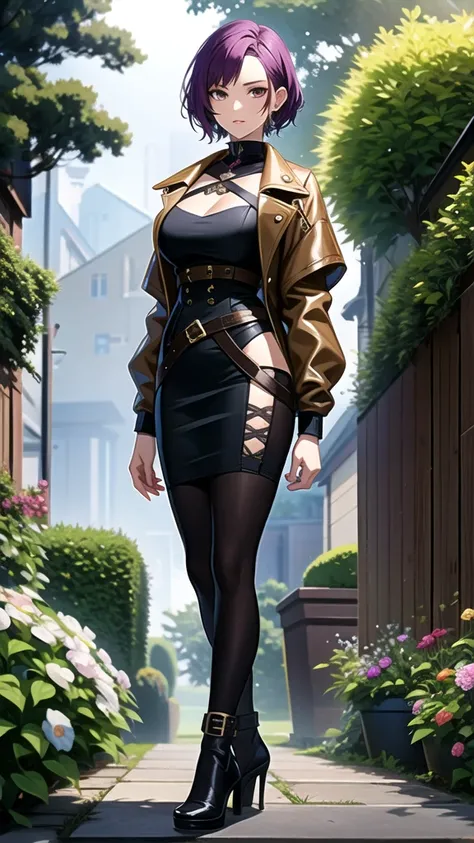 1 girl with short purple hair, gold brown eyes, and carmel skin. The girl is wearing goth eclectic fashion style and is standing in a garden during a storm. 