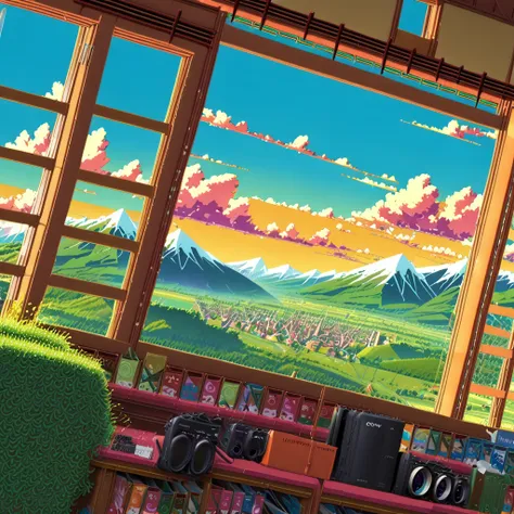 ((anime:1.4,illustration)),(masterpiece, top quality, best quality),(ultra-detailed, absolutely resolution),((16k, high res)), (((drilled snowy mountain, blue sky, city reflected in the hole)), ((landscape, wide shot, long shot)) ((cozy lofi illustration:1...