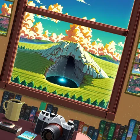 ((anime:1.4,illustration)),(masterpiece, top quality, best quality),(ultra-detailed, absolutely resolution),((16k, high res)), (((drilled snowy mountain, blue sky, city reflected in the hole)), ((landscape, wide shot, long shot)) ((cozy lofi illustration:1...