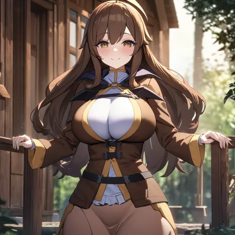 A woman wearing a cold brown jacket, luxury brown skirt, brown hair, ahoge, long hair, brown eyes, smiling, bangs in the eyes, big breasts, outside a wooden house with forest around it, forest with plantation yellow, isekai fantasy aesthetic. UHD , work- p...