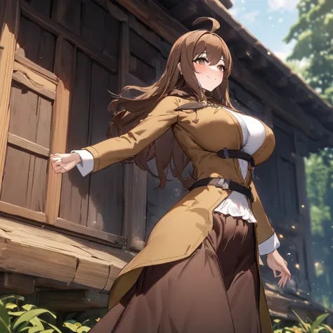 A woman wearing a cold brown jacket, luxury brown skirt, brown hair, ahoge, long hair, brown eyes, smiling, bangs in the eyes, big breasts, outside a wooden house with forest around it, forest with plantation yellow, isekai fantasy aesthetic. UHD , work- p...