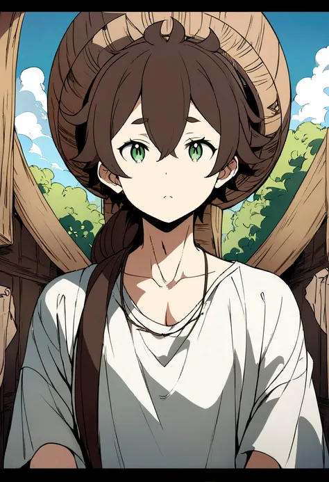 Masterpiece, High quality, High quality of art, best quality, best details, anime lineart, Re:Zero art style, 1boy, dark brown hair, Length of hair to the neck, dark brown green eyes color, Tall stature, Wheel of Tharma Over head, 