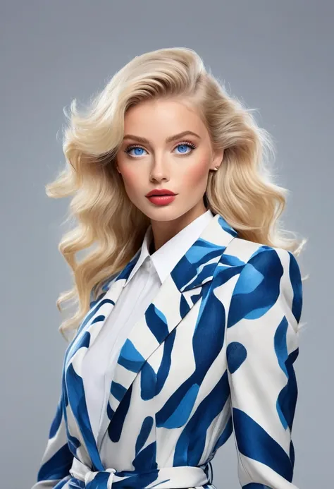 Design an image of a stylish and charming influencer with blonde hair and bright blue eyes. She has a playful yet sophisticated vibe, dressed in a trendy, high-fashion ensemble that highlights her vivacious personality and contemporary elegance.