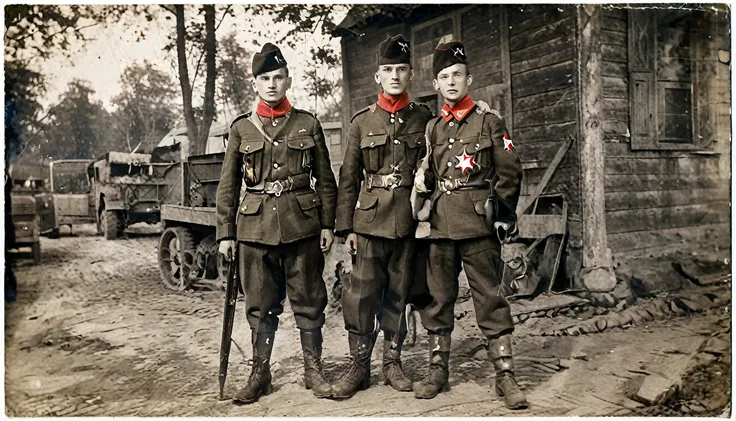 Year 1939, Young man aged 17-18 years , dark green jacket, red turtleneck, The jacket has a red four-pointed star on the lapel.., สวมก black vest throughout the outfit., Wearing light green M35 Harovari pants.., Military boots, Wearing an M81 cap.(clamp ca...