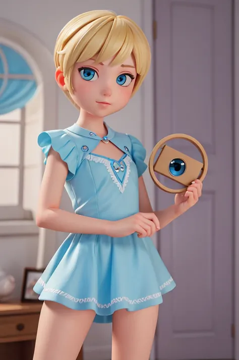 A professional high-quality photo, in 4K resolution, a fairy with short hair blonde and eyes blue, holds out a hand towards the photographic camera