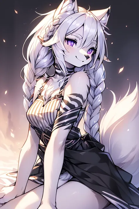 ( Absurdly , High quality , ultra detailed ) ,( hand detailed ) , 1girl, solo, mature, absurdres(highly detailed beautiful face and eyes)perfect anatomy Solo, Young Female white fox-cat (((lean-body))) (((medium breasts))) (short snout),(((fur (black strip...