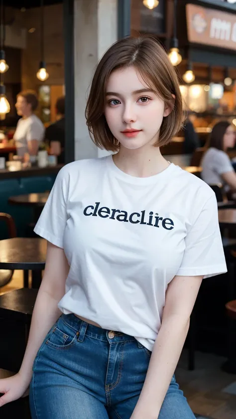 ((best quality)), photorealistic, photorealism, Photorealistic, high resolution, Beautiful, Baby Face, 20 Years Old, White Skin, pale skin, Large Breasts, seductive pose, looking at the camera, (Detailed face), short hair, sexy body, (wearing t shirt and s...