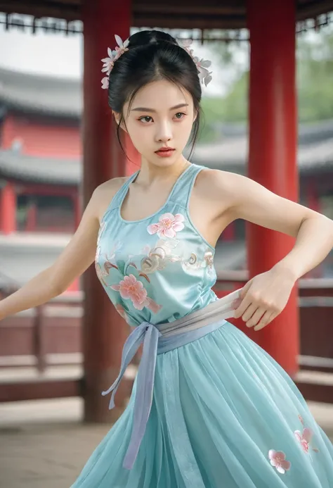 Chinese girl, age 15,Pretty face ,Big breasts, wearing a Chinese petal dress.,8K images, Fighting posture,In the martial arts arena,