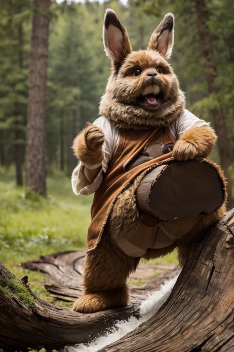 a floppy eared anthropomorphic brown and tan rabbit dressed like an ewok drumming his right rear leg on a hollow log, masterpiece, best, photo realistic