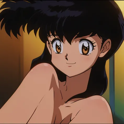 kagome, , solo, long_hair, looking_at_viewer, smile, short_hair, bangs, shirt, black_hair, hair_between_eyes, brown_eyes, closed_mouth,light_smile, portrait, style_parody, official_style, (completely nude:1.2),