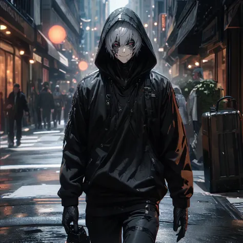 a man wearing a black sweatshirt, black pants, black hood, silver hair, a plastic hand on his face, walking down a city street, ...