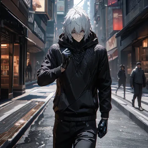 a man wearing a black sweatshirt, black pants, black hood, silver hair, a plastic hand on his face, walking down a city street, ...