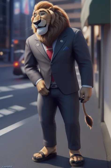 leodore a lionheart, a lion, feline, safe, antro, trousers,sandals with heels, suit, underwear, male, one, standing, tail, paws,...