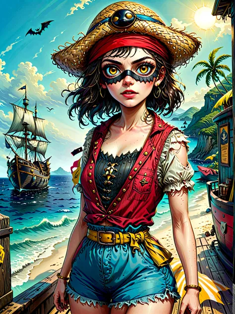 (whole body:1.3), 1 female captain, wearing a straw hat, (wearing a black eye mask), rich expression, (gloomy), (gothic horror),...