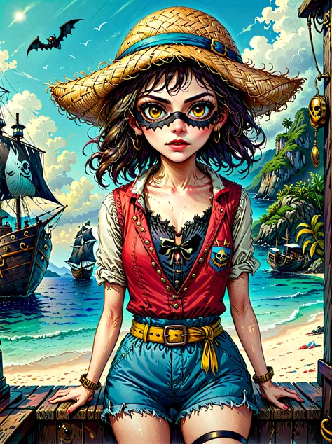 (whole body:1.3), 1 female captain, wearing a straw hat, (wearing a black eye mask), rich expression, (gloomy), (gothic horror),...