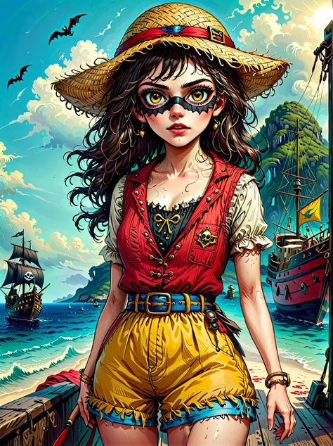 (whole body:1.3), 1 female captain, wearing a straw hat, (wearing a black eye mask), rich expression, (gloomy), (gothic horror),...