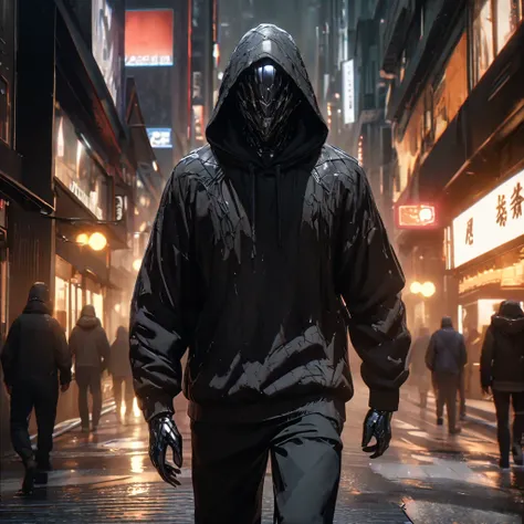 a man wearing a black sweatshirt, black pants, black hood, silver hair, a plastic hand on his face, covered face, walking down a...