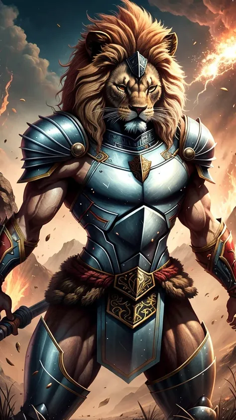 lion thundercats,vestido como guerreiro shit com armadura spartana