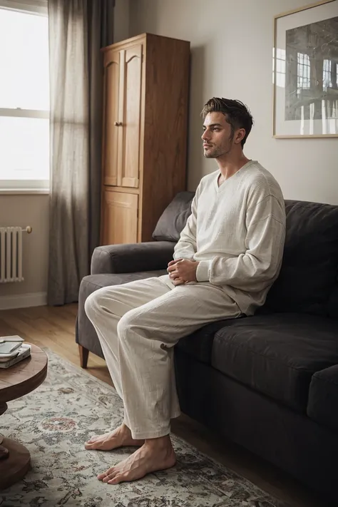 shot on leica, shadowplay, gorgeous lighting, subtle hues ,handsome men ,long clothes ,living room