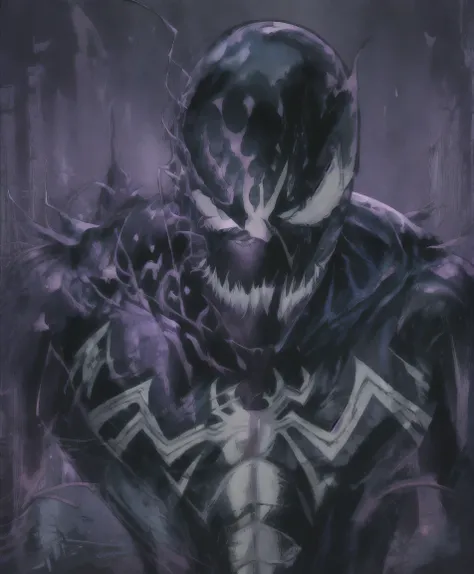 a menacing venom symbiote, extremely muscular, with purple eyes, sinister expression, dark veiny body, horror sci-fi, dark moody...