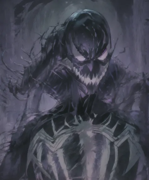 a menacing venom symbiote, extremely muscular, with purple eyes, sinister expression, dark veiny body, horror sci-fi, dark moody...