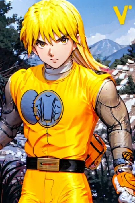 kenalpha, 1boy, male focus, blonde hair, long hair, muscular, pectorals, nsyellownohelmet, gloves, belt, yellow bodysuit, white gloves, yellow pants