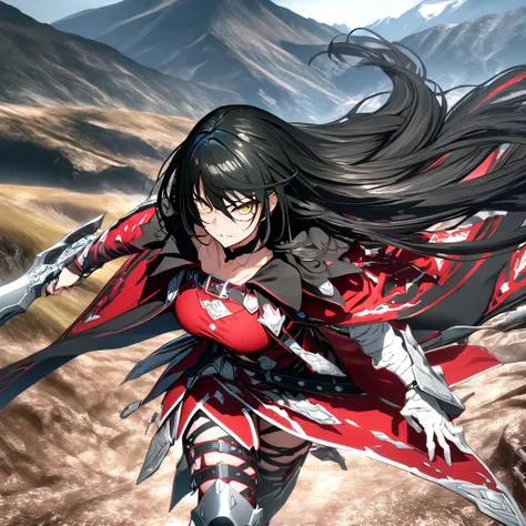 a woman wearing a red dress, metal boots, metal bracelet, holding a silver sword, black hair, long hair, yellow eyes, big breast...