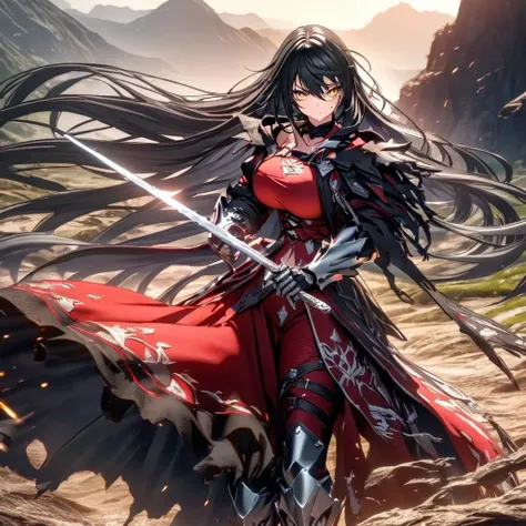 a woman wearing a red dress, metal boots, metal bracelet, holding a silver sword, black hair, long hair, yellow eyes, big breast...