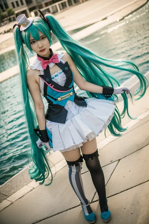 hatsune miku cosplay costume, hatsune miku, magical mirai miku, cosplay, aqua hair, twintails, very long hair, vest, sleeveless ...