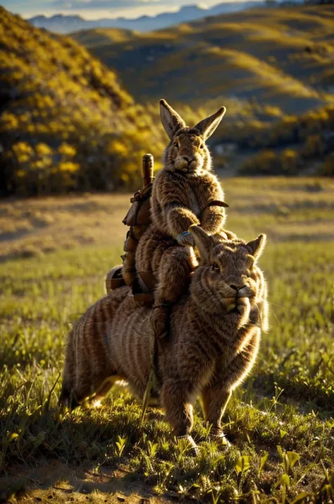 an anthropomorphic gray and brown rabbit dressed in leather skins riding a shaggy tauntan in a field, masterpiece, best, photo r...