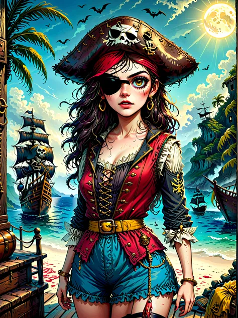 (whole body:1.3), (1 female pirate captain), wearing a straw hat, (black eye mask), rich expressions, (gloomy:1.3), (gothic horr...